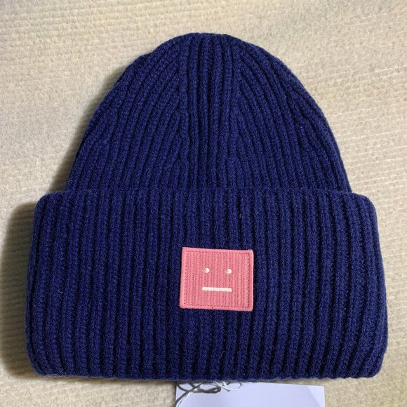Acne Studios Wool Beanie with Face Patch (Navy/Pink) - Picture 1 of 5